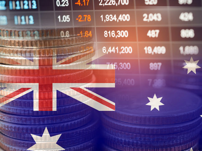 Australian flag, coins, stock board